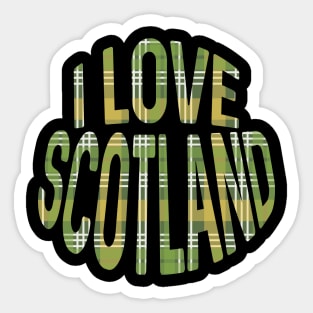 I LOVE SCOTLAND Green, White and Yellow Tartan Colour Typography Design Sticker